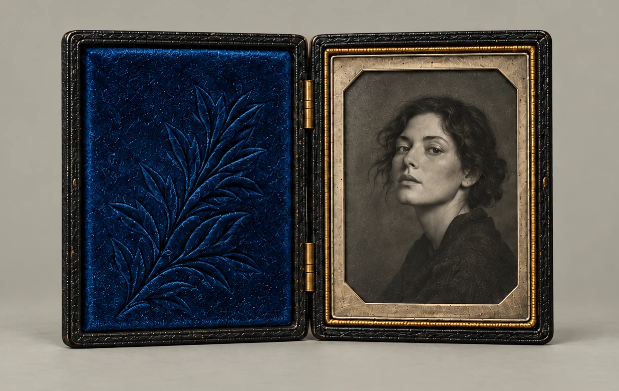 Concept photograph of an open black Union case: blue velvet left, one permanent portrait in an antique-gold-coloured surround right, on mineral grey.
